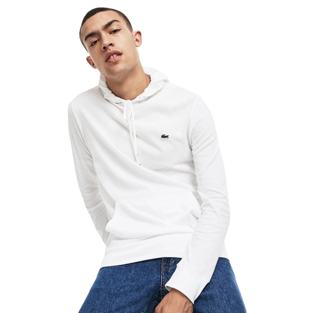 Lacoste Jersey Knit White Lightweight Hoodie with Kangaroo Pouch - Men's